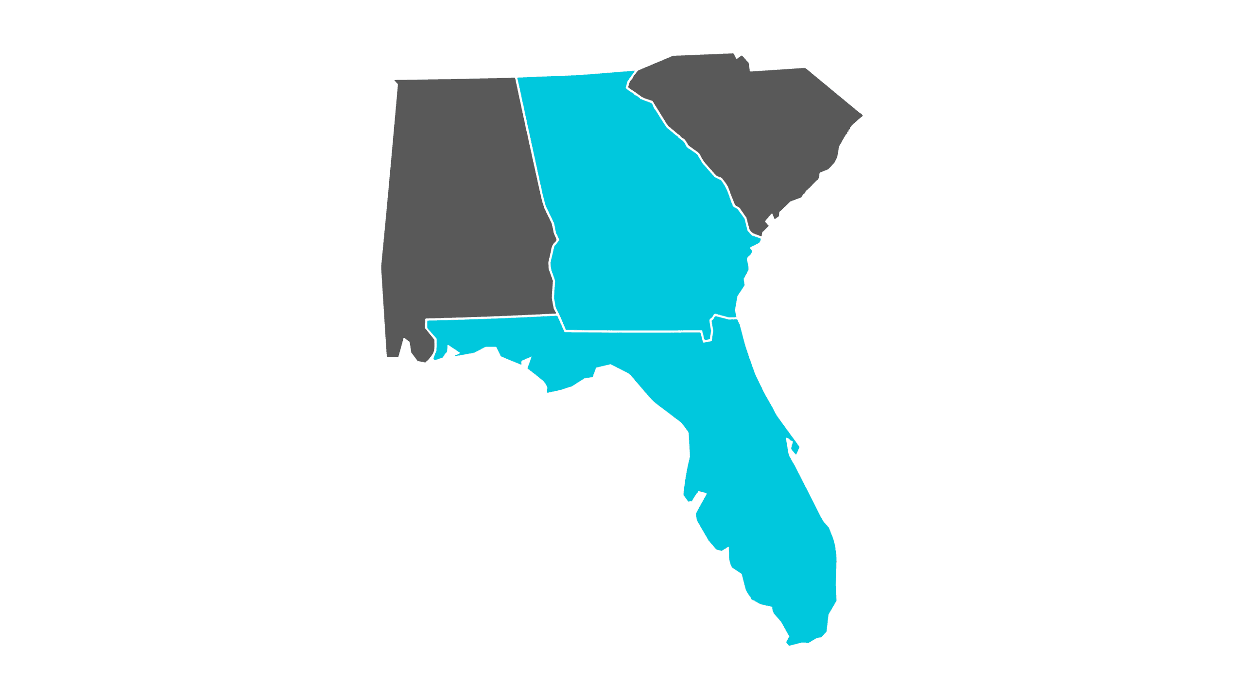 Map of Alabama, Georgia, South Carolina and Florida marking the Lunchpail partner businesses